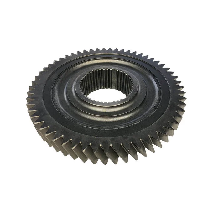 Oblique view of a helical gear with an internally splined bore