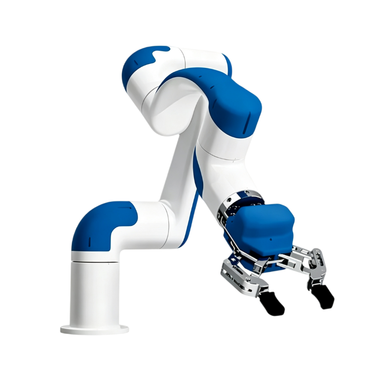 Blue-and-white single collaborative robot arm with gripper, supplied image